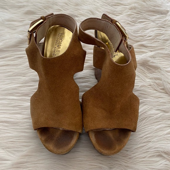 Michael Korks Tan Suede Peep Toe Josephine Wedge Sandals - Picture 2 of 15